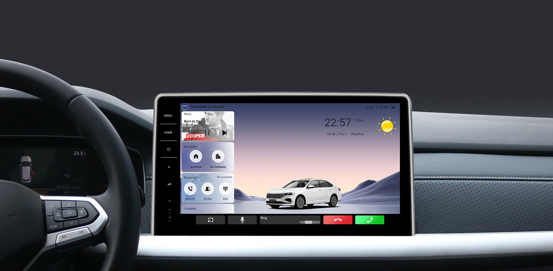 The main interface of a car head unit during use, showing time (09:42), weather, and media information for driver convenience.