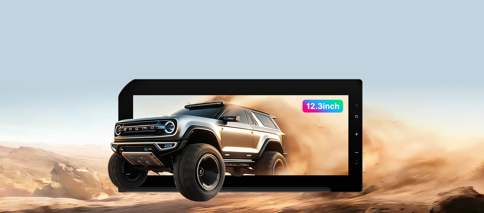 Promotional image for the 15-inch 2K High-Definition touchscreen in the Youducar head unit for Jeep Wrangler. The screen displays a dynamic scene of a Ford Bronco kicking up dust on sand dunes, demonstrating the display's vivid color and clarity. The visual emphasizes the screen's optical bonding technology for exceptional readability in bright, off-road environments.
