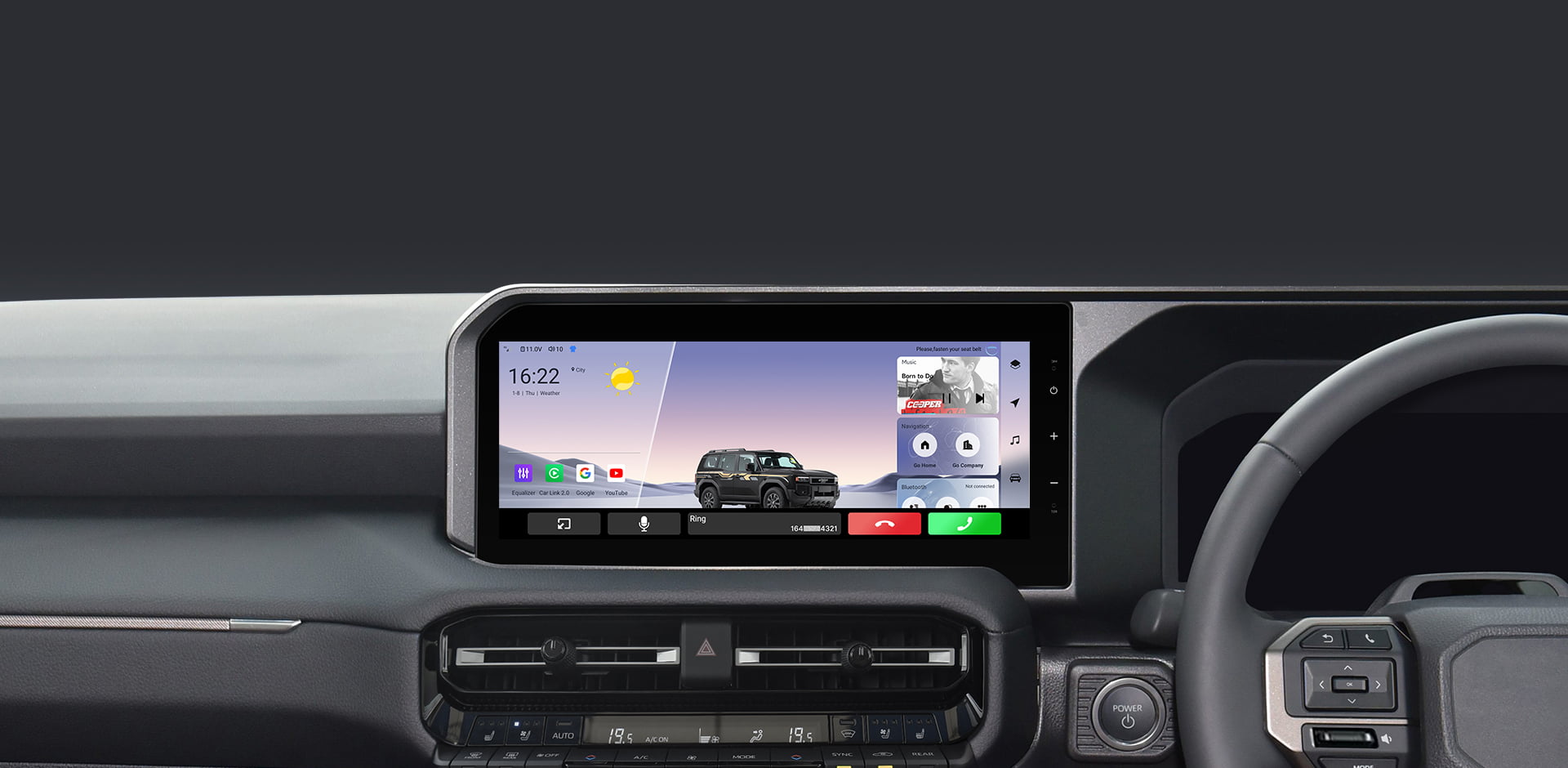 The main interface of a car head unit during use, showing time (09:42), weather, and media information for driver convenience.