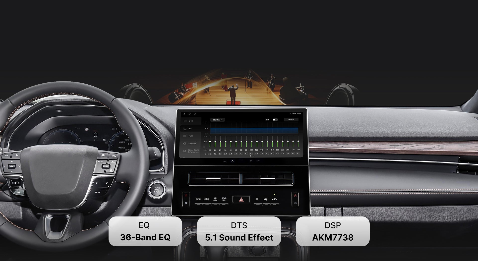 Close-up of the DTS Sound Processor tuning interface on a Youducar car audio system. Shows a 36-band professional equalizer (EQ) with adjustable sliders, powered by the TDA7851 digital amplifier chip and AKM7738 DSP for concert-hall quality audio, featuring DTS 5.1 surround sound technology.