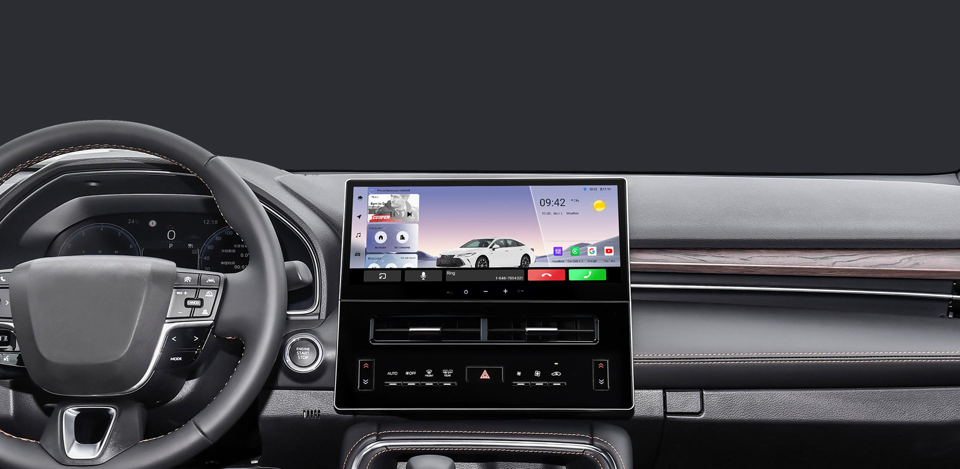 The main interface of a car head unit during use, showing time (09:42), weather, and media information for driver convenience.