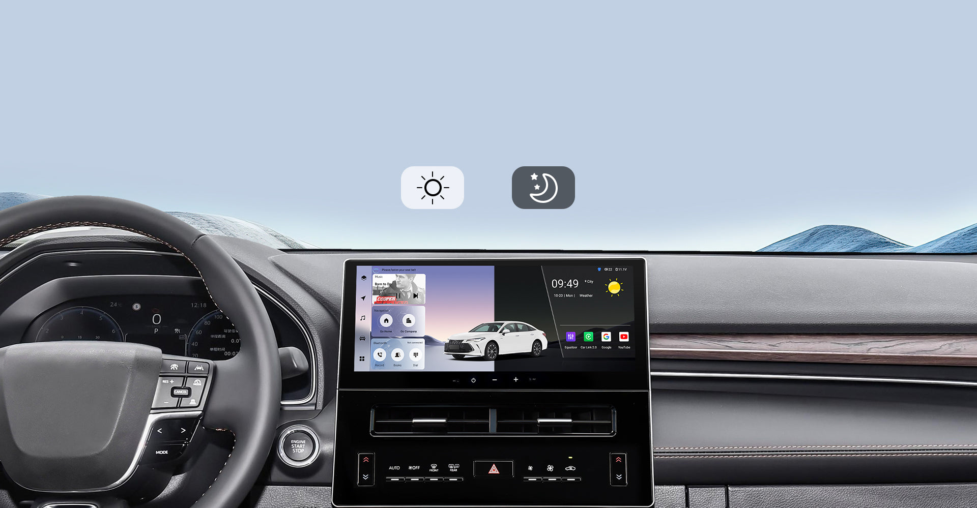 Infographic for the Real-Time GPS Navigation feature, showcasing compatibility with popular international navigation apps like Waze, Google Maps, and iGO on a Toyota Sienna head unit. Highlights multi-GNSS satellite support for precise, hands-free navigation.