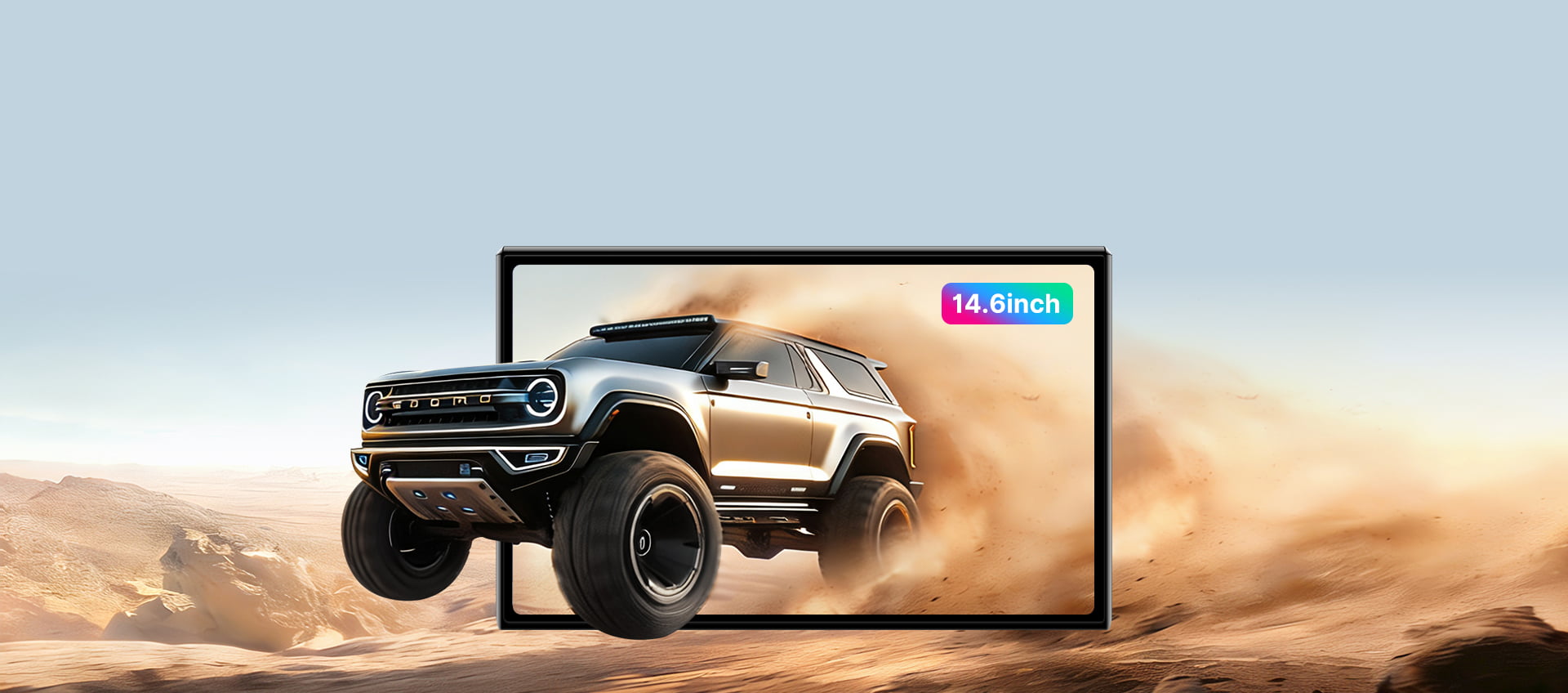 Promotional image for the 15-inch 2K High-Definition touchscreen in the Youducar head unit for Jeep Wrangler. The screen displays a dynamic scene of a Ford Bronco kicking up dust on sand dunes, demonstrating the display's vivid color and clarity. The visual emphasizes the screen's optical bonding technology for exceptional readability in bright, off-road environments.