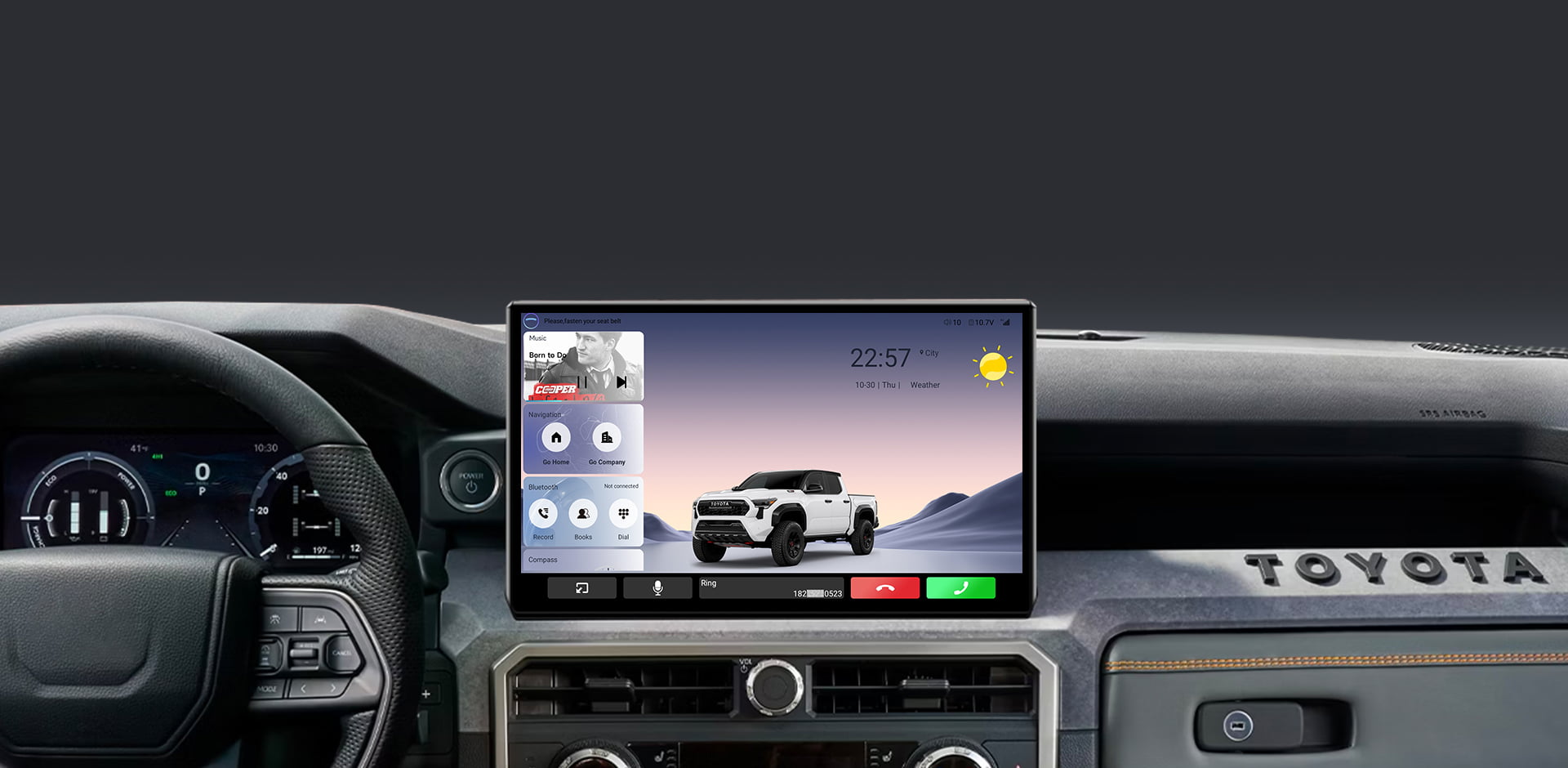 The main interface of a car head unit during use, showing time (09:42), weather, and media information for driver convenience.