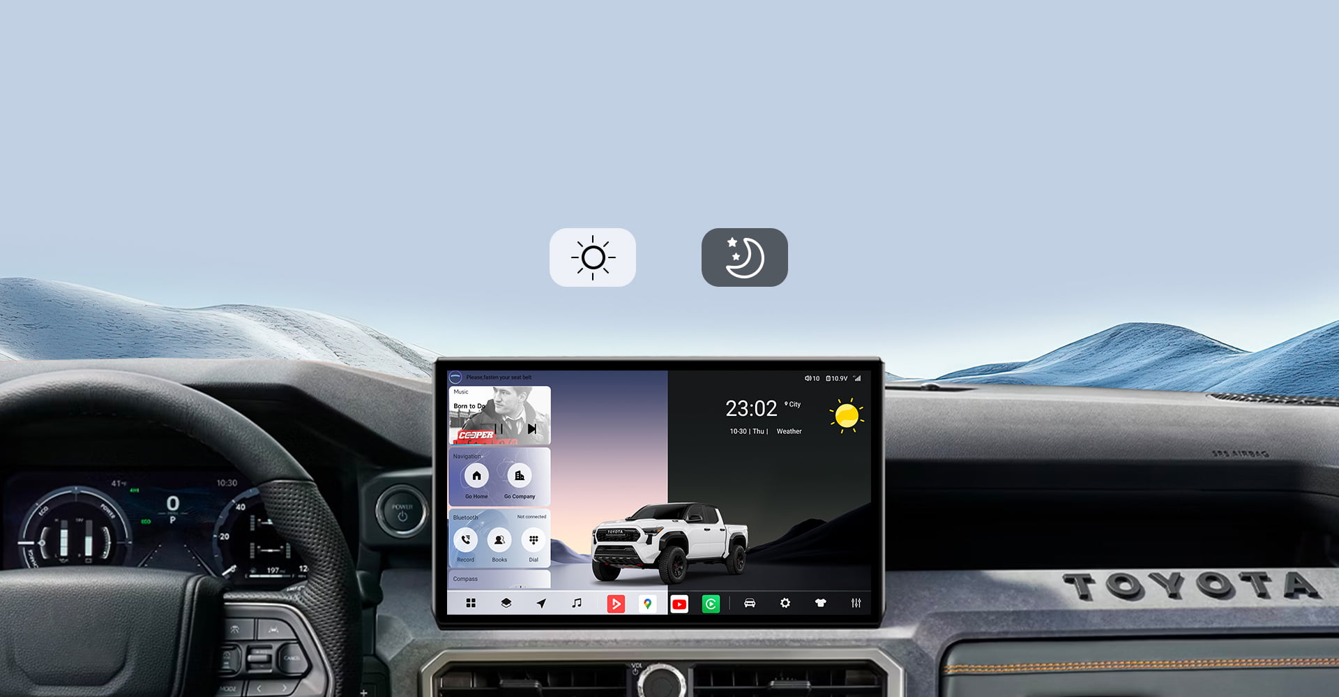 Infographic for the Real-Time GPS Navigation feature, showcasing compatibility with popular international navigation apps like Waze, Google Maps, and iGO on a Toyota Sienna head unit. Highlights multi-GNSS satellite support for precise, hands-free navigation.