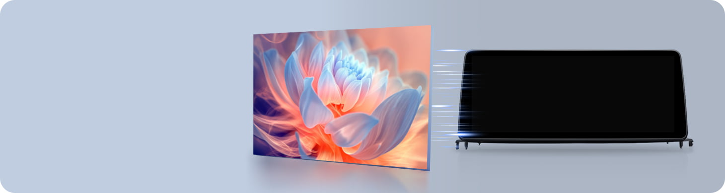 Demonstration of Optical Bonding screen technology used in Youducar head units. Shows a vivid lotus flower image on the left, and the device on the right with a screen that appears almost completely dark when off, featuring no air gap to prevent dust ingress and reduce glare.