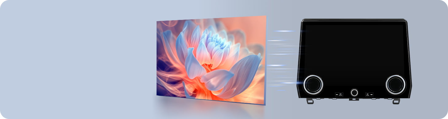 Demonstration of Optical Bonding screen technology used in Youducar head units. Shows a vivid lotus flower image on the left, and the device on the right with a screen that appears almost completely dark when off, featuring no air gap to prevent dust ingress and reduce glare.