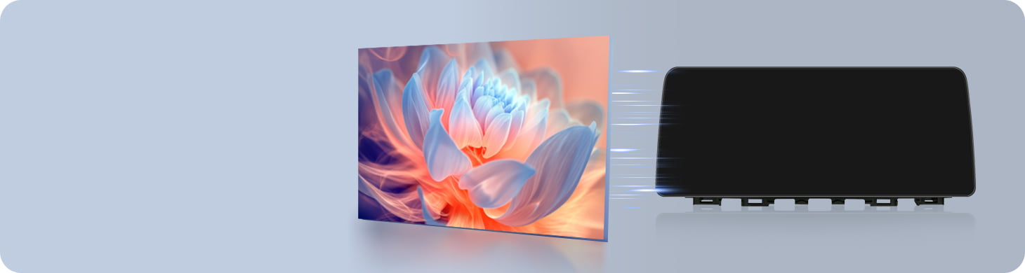Demonstration of Optical Bonding screen technology used in Youducar head units. Shows a vivid lotus flower image on the left, and the device on the right with a screen that appears almost completely dark when off, featuring no air gap to prevent dust ingress and reduce glare.