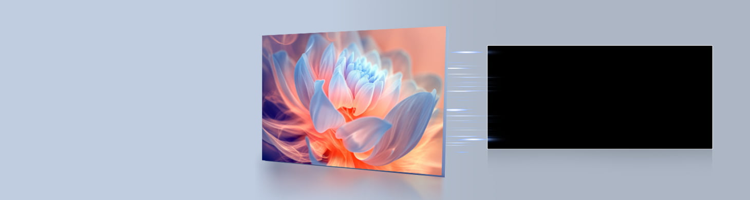 Demonstration of Optical Bonding screen technology used in Youducar head units. Shows a vivid lotus flower image on the left, and the device on the right with a screen that appears almost completely dark when off, featuring no air gap to prevent dust ingress and reduce glare.