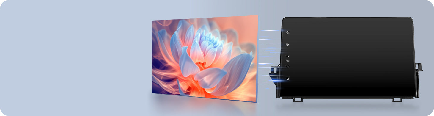 Demonstration of Optical Bonding screen technology used in Youducar head units. Shows a vivid lotus flower image on the left, and the device on the right with a screen that appears almost completely dark when off, featuring no air gap to prevent dust ingress and reduce glare.