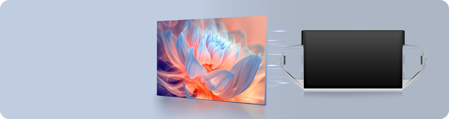 Demonstration of Optical Bonding screen technology used in Youducar head units. Shows a vivid lotus flower image on the left, and the device on the right with a screen that appears almost completely dark when off, featuring no air gap to prevent dust ingress and reduce glare.