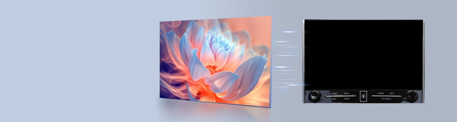 Demonstration of Optical Bonding screen technology used in Youducar head units. Shows a vivid lotus flower image on the left, and the device on the right with a screen that appears almost completely dark when off, featuring no air gap to prevent dust ingress and reduce glare.