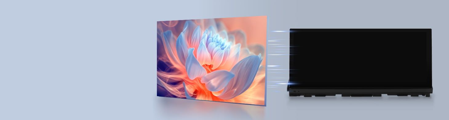 Demonstration of Optical Bonding screen technology used in Youducar head units. Shows a vivid lotus flower image on the left, and the device on the right with a screen that appears almost completely dark when off, featuring no air gap to prevent dust ingress and reduce glare.