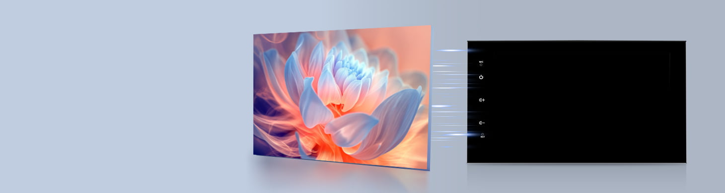 Demonstration of Optical Bonding screen technology used in Youducar head units. Shows a vivid lotus flower image on the left, and the device on the right with a screen that appears almost completely dark when off, featuring no air gap to prevent dust ingress and reduce glare.