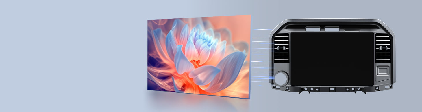 Demonstration of Optical Bonding screen technology used in Youducar head units. Shows a vivid lotus flower image on the left, and the device on the right with a screen that appears almost completely dark when off, featuring no air gap to prevent dust ingress and reduce glare.