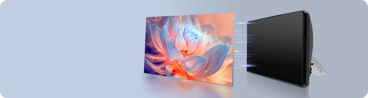 Demonstration of Optical Bonding screen technology used in Youducar head units. Shows a vivid lotus flower image on the left, and the device on the right with a screen that appears almost completely dark when off, featuring no air gap to prevent dust ingress and reduce glare.