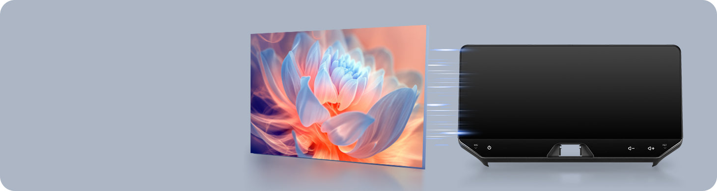 Demonstration of Optical Bonding screen technology used in Youducar head units. Shows a vivid lotus flower image on the left, and the device on the right with a screen that appears almost completely dark when off, featuring no air gap to prevent dust ingress and reduce glare.