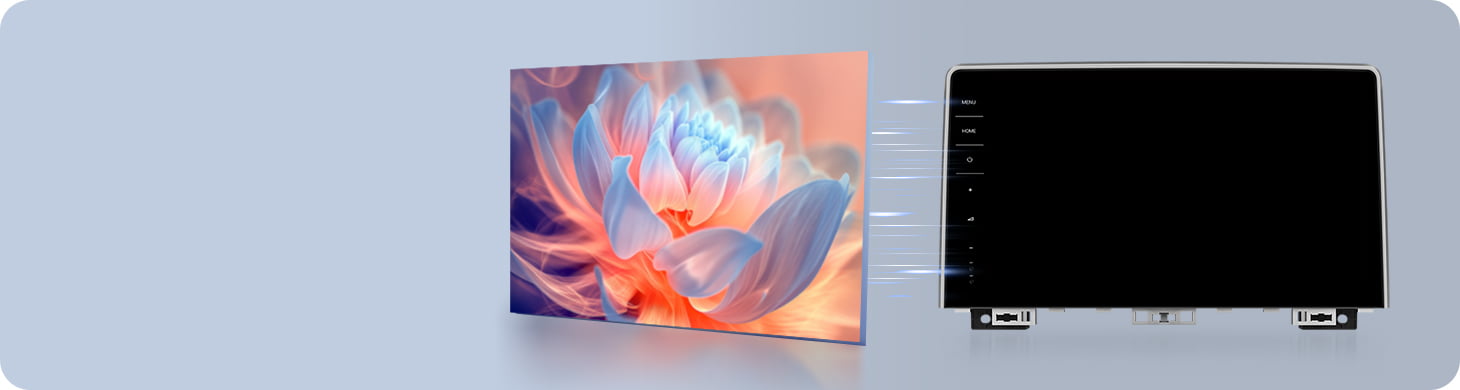Demonstration of Optical Bonding screen technology used in Youducar head units. Shows a vivid lotus flower image on the left, and the device on the right with a screen that appears almost completely dark when off, featuring no air gap to prevent dust ingress and reduce glare.
