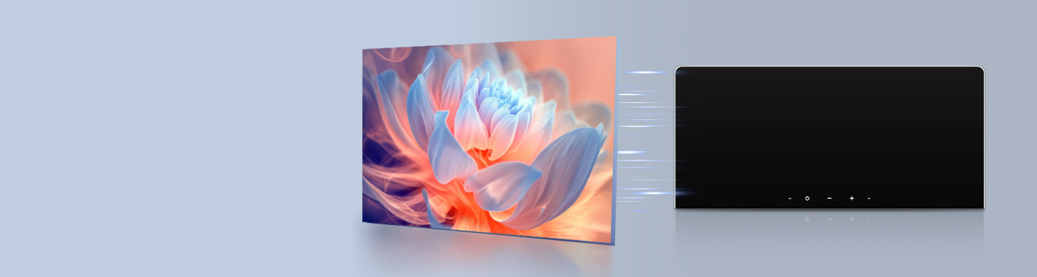 Demonstration of Optical Bonding screen technology used in Youducar head units. Shows a vivid lotus flower image on the left, and the device on the right with a screen that appears almost completely dark when off, featuring no air gap to prevent dust ingress and reduce glare.