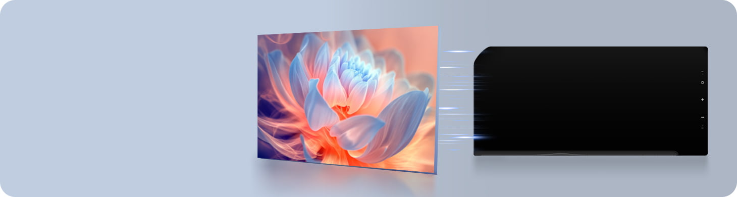 Demonstration of Optical Bonding screen technology used in Youducar head units. Shows a vivid lotus flower image on the left, and the device on the right with a screen that appears almost completely dark when off, featuring no air gap to prevent dust ingress and reduce glare.