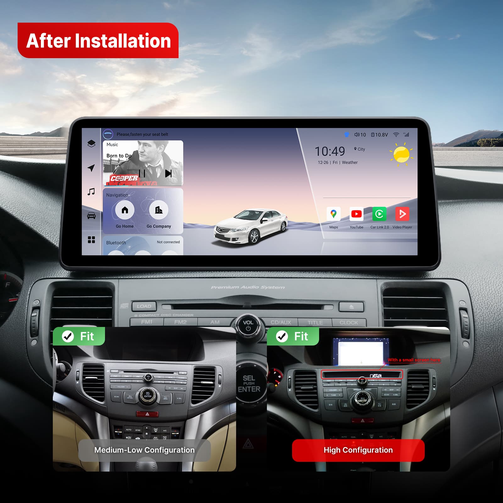 Youducar 12.3-Inch Android Head Unit for Acura TSX (Honda Spirior) 2009-2014 | OEM-Style Large Screen with Wireless CarPlay Honda