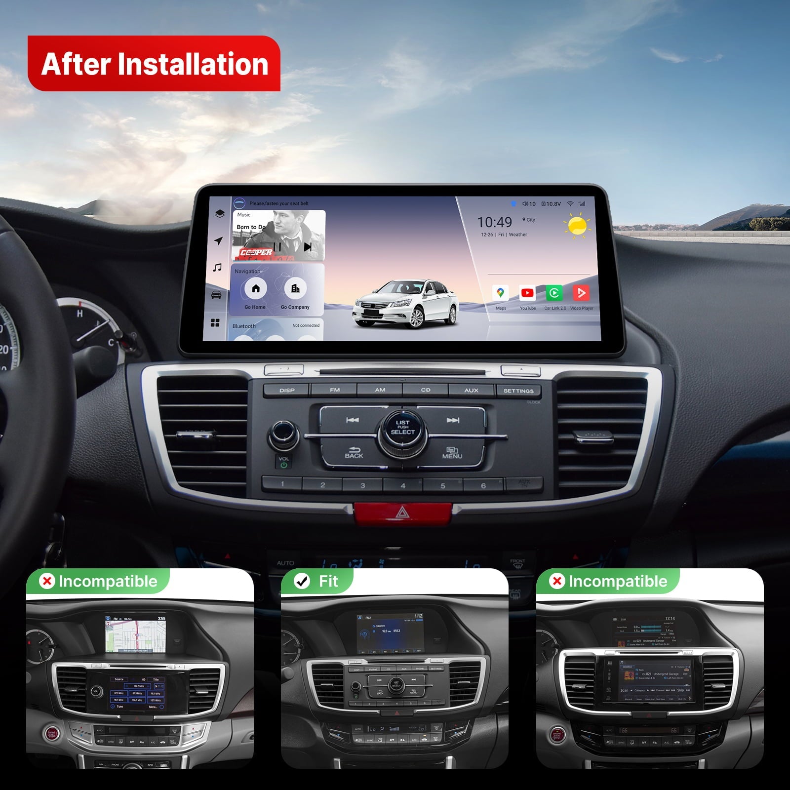 Youducar 12.3-Inch Android Head Unit for FF Accord 2013-2017 | OEM-Style Large Screen with Wireless CarPlay & Android Auto Honda