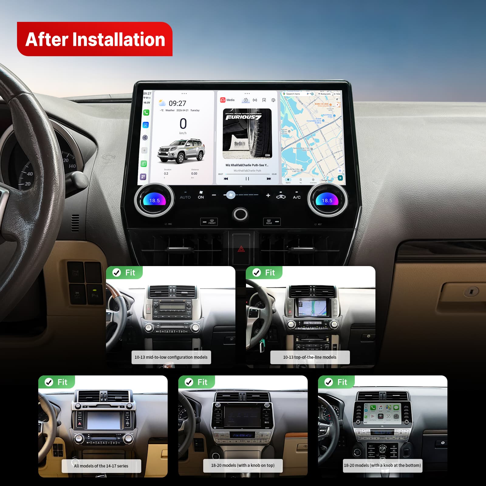Youducar 13-Inch Android Head Unit for Toyota Land Cruiser Prado 2010-2020 | Dual-Knob Touchscreen with Wireless CarPlay & Android Auto