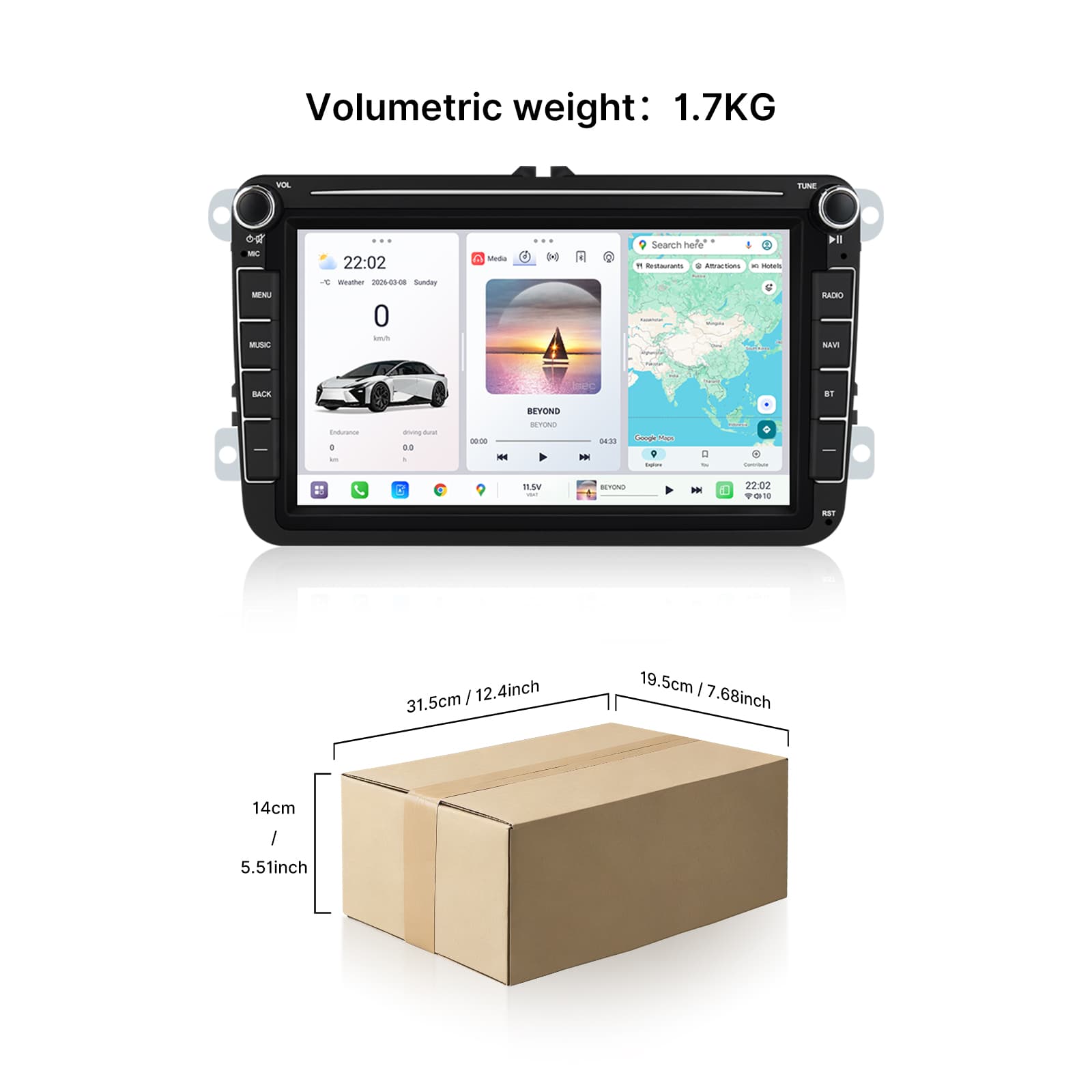 Youducar 8 Inch Double Knob Style C Design Universal Car Stereo for Volkswagen, Android Touch Screen CarPlay & Android Auto Head Unit