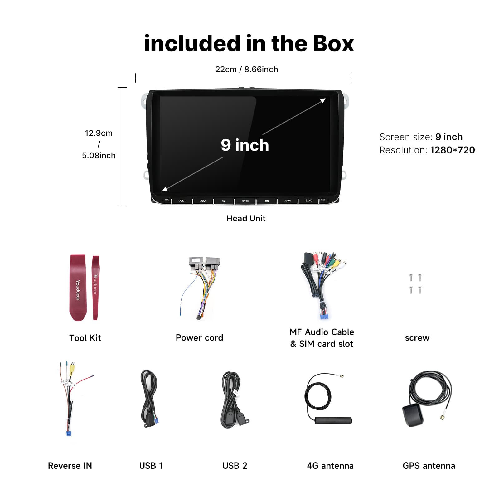 Youducar 9 Inch G-Type Universal Car Stereo for Volkswagen, Touch Button Below Design Android Head Unit