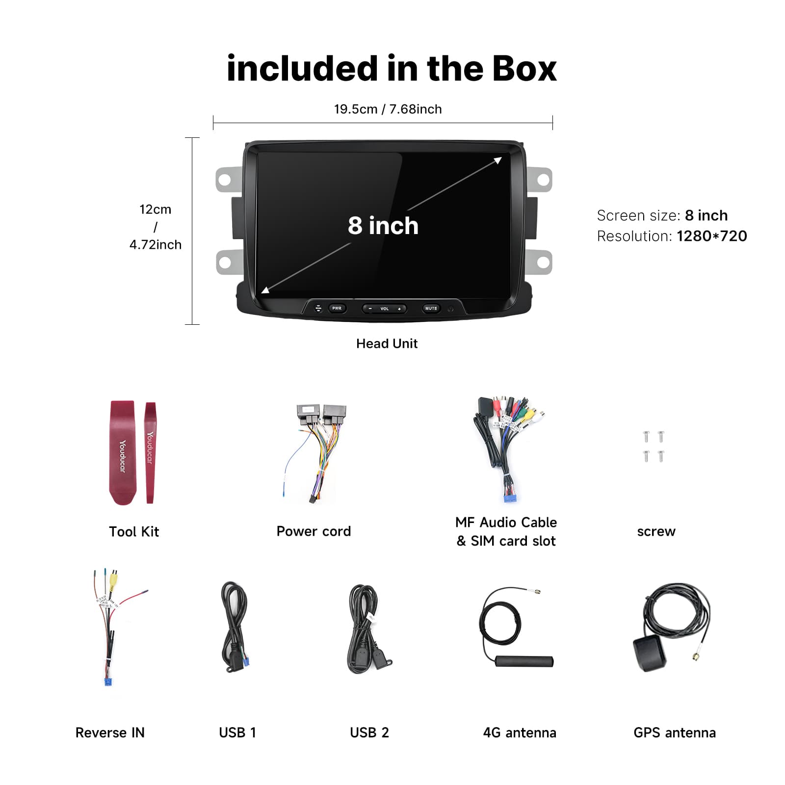Youducar 8 Inch Universal Car Stereo For Dacia, Wireless CarPlay Android Auto Touch Screen Head Unit