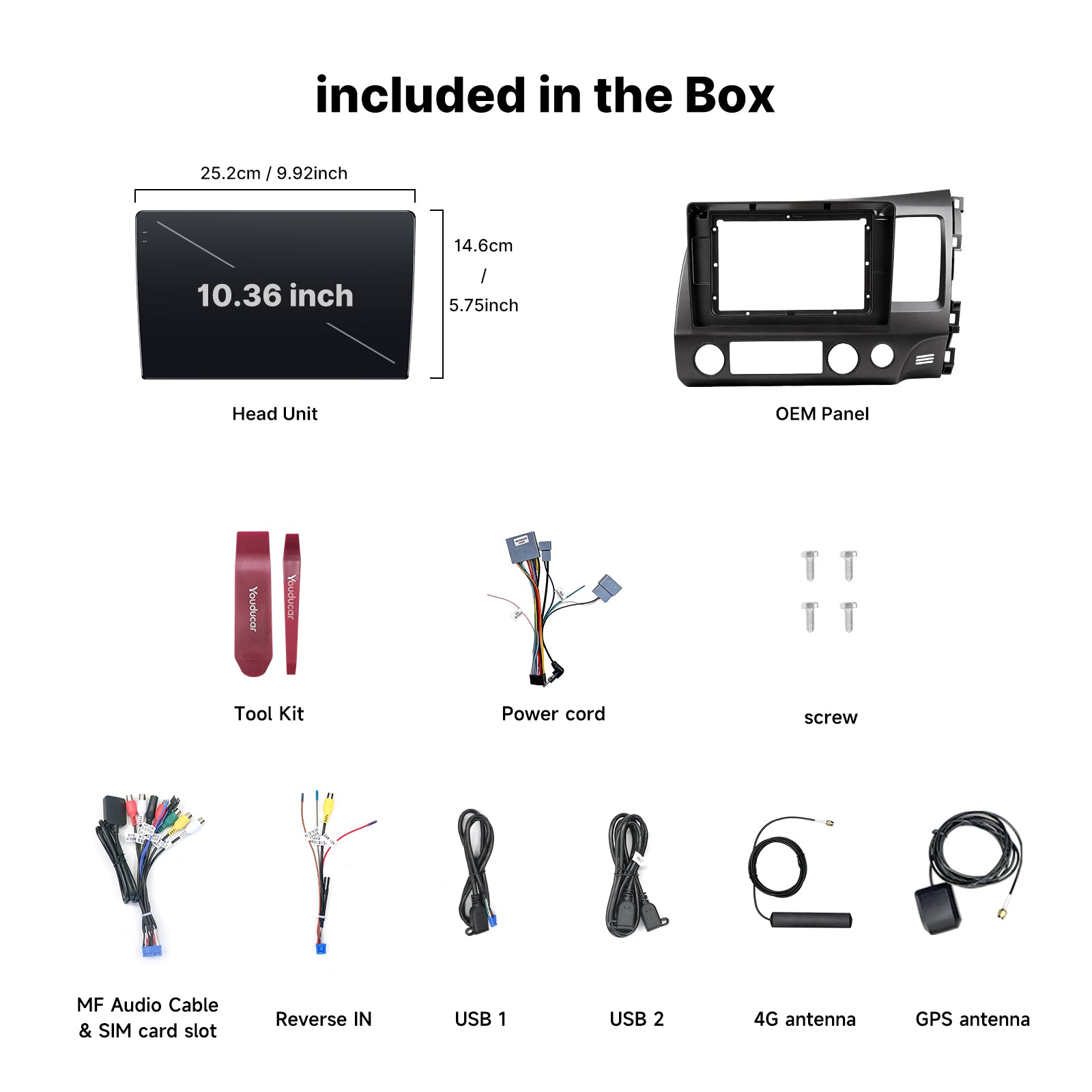 Youducar 10.36 Inch Android Car Screen with Iron Gray Dash Frame for Honda Civic 2006-2011, Full Car Stereo Upgrade Kit
