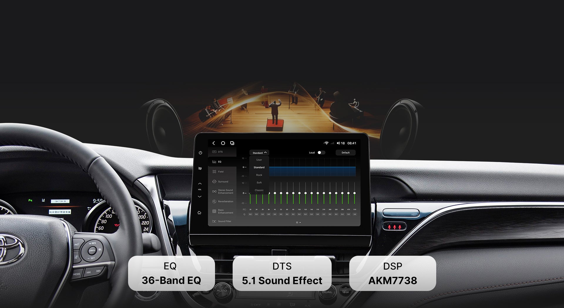 Close-up of the DTS Sound Processor tuning interface on a Youducar car audio system. Shows a 36-band professional equalizer (EQ) with adjustable sliders, powered by the TDA7851 digital amplifier chip and AKM7738 DSP for concert-hall quality audio, featuring DTS 5.1 surround sound technology.