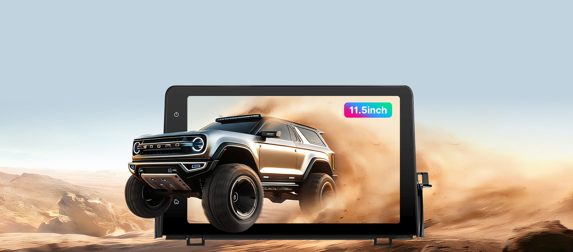 Promotional image for the 15-inch 2K High-Definition touchscreen in the Youducar head unit for Jeep Wrangler. The screen displays a dynamic scene of a Ford Bronco kicking up dust on sand dunes, demonstrating the display's vivid color and clarity. The visual emphasizes the screen's optical bonding technology for exceptional readability in bright, off-road environments.