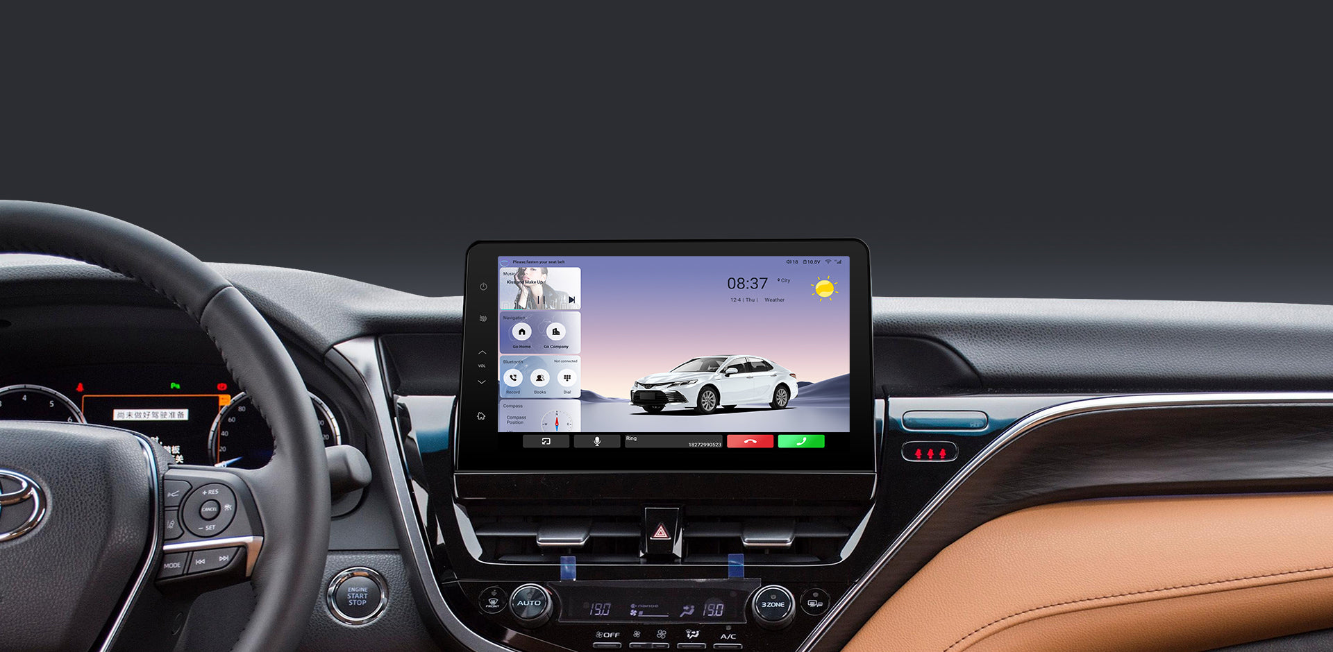 The main interface of a car head unit during use, showing time (09:42), weather, and media information for driver convenience.