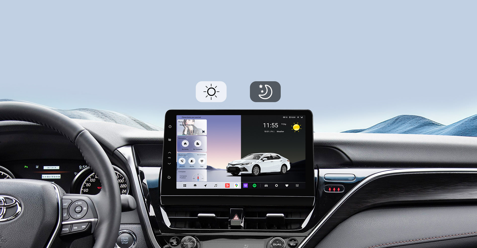 Infographic for the Real-Time GPS Navigation feature, showcasing compatibility with popular international navigation apps like Waze, Google Maps, and iGO on a Toyota Sienna head unit. Highlights multi-GNSS satellite support for precise, hands-free navigation.