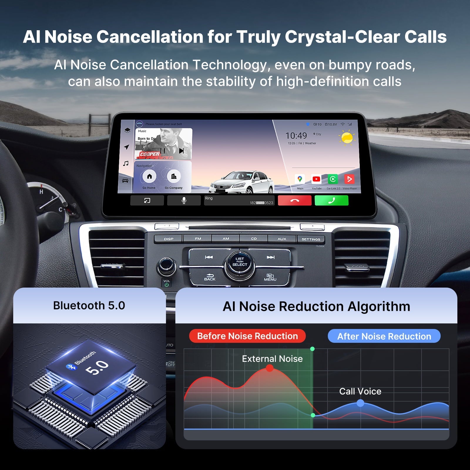 Youducar 12.3-Inch Android Head Unit for FF Accord 2013-2017 | OEM-Style Large Screen with Wireless CarPlay & Android Auto Honda