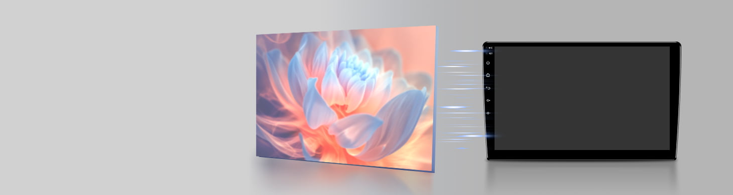 Example of standard Non-Optical Bonding screen issue. Shows a less vibrant image on the left, and a device on the right with a screen that appears gray when off due to an air gap, which is prone to dust accumulation over time.