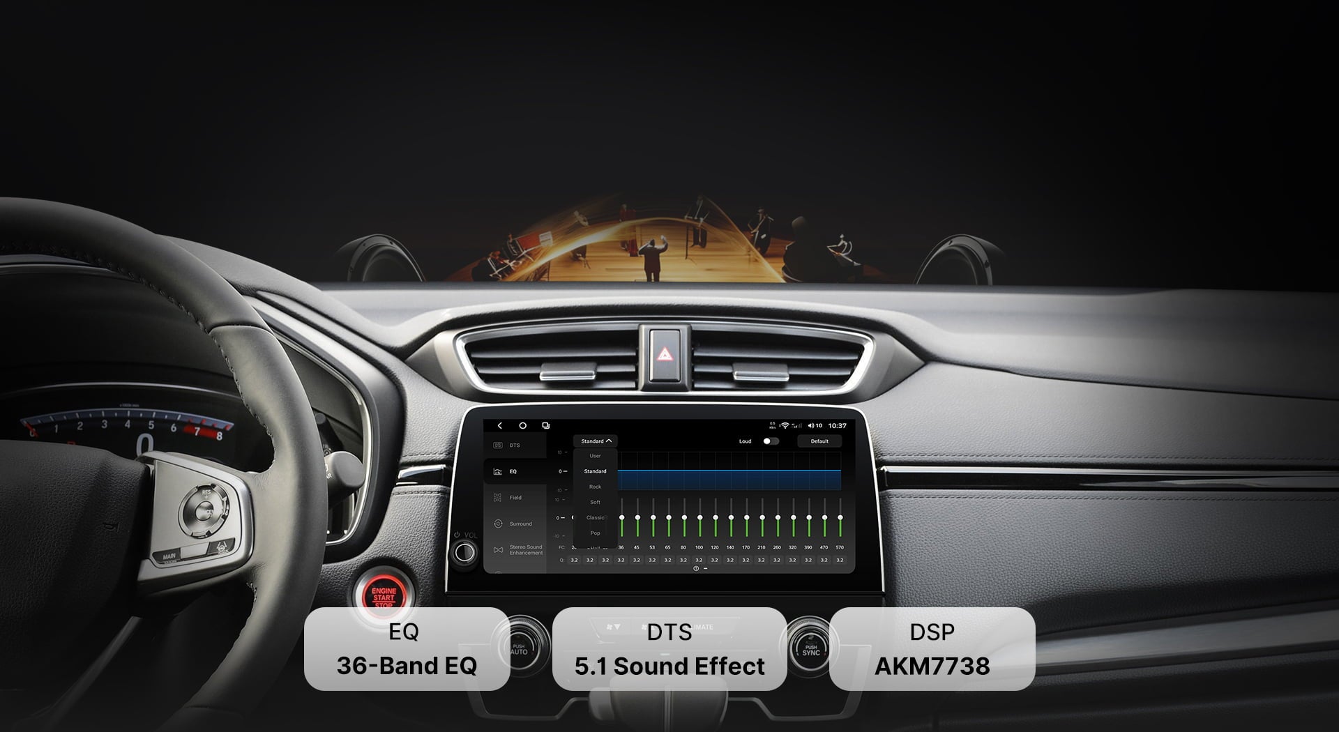 Close-up of the DTS Sound Processor tuning interface on a Youducar car audio system. Shows a 36-band professional equalizer (EQ) with adjustable sliders, powered by the TDA7851 digital amplifier chip and AKM7738 DSP for concert-hall quality audio, featuring DTS 5.1 surround sound technology.