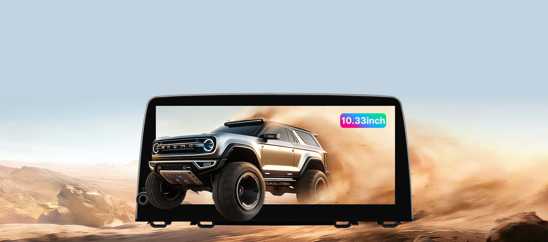 Promotional image for the 15-inch 2K High-Definition touchscreen in the Youducar head unit for Jeep Wrangler. The screen displays a dynamic scene of a Ford Bronco kicking up dust on sand dunes, demonstrating the display's vivid color and clarity. The visual emphasizes the screen's optical bonding technology for exceptional readability in bright, off-road environments.
