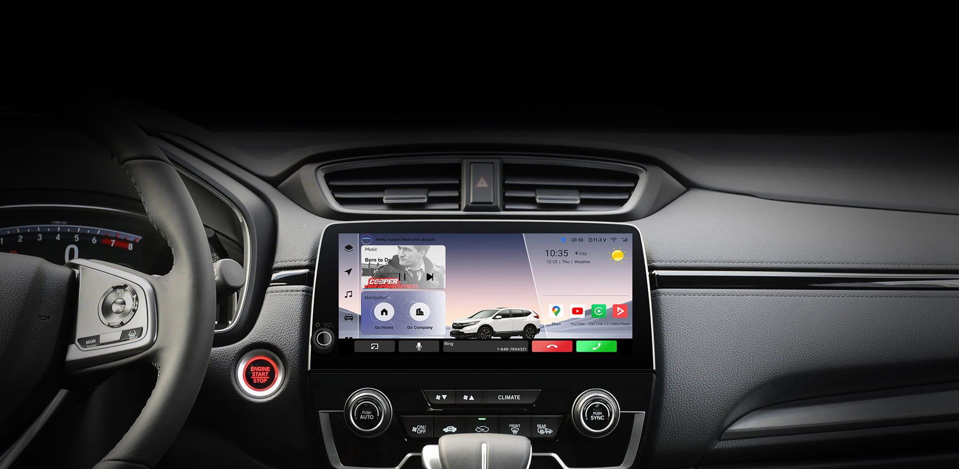 The main interface of a car head unit during use, showing time (09:42), weather, and media information for driver convenience.