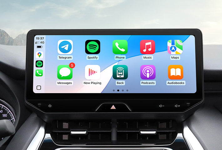In-car view showing the wireless Apple CarPlay interface on a Toyota Sienna head unit touchscreen, displaying apps like Phone, Messages, Maps, and Spotify for easy access while driving.