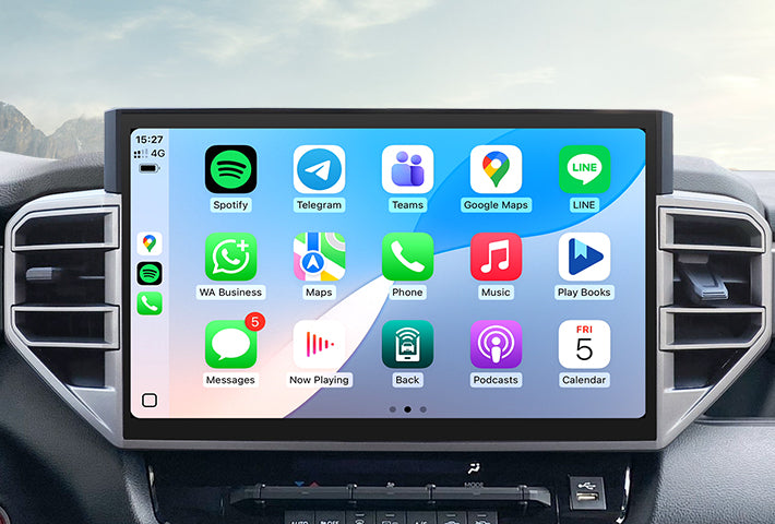 In-car view showing the wireless Apple CarPlay interface on a Toyota Sienna head unit touchscreen, displaying apps like Phone, Messages, Maps, and Spotify for easy access while driving.