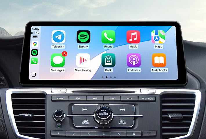 In-car view showing the wireless Apple CarPlay interface on a Toyota Sienna head unit touchscreen, displaying apps like Phone, Messages, Maps, and Spotify for easy access while driving.