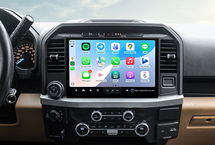 In-car view showing the wireless Apple CarPlay interface on a Toyota Sienna head unit touchscreen, displaying apps like Phone, Messages, Maps, and Spotify for easy access while driving.