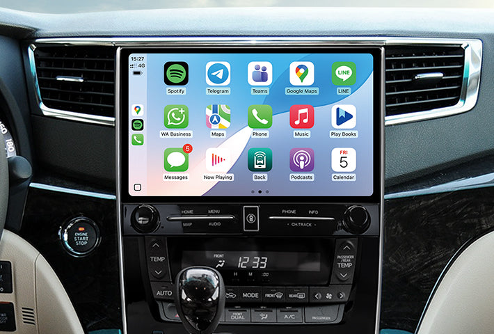 In-car view showing the wireless Apple CarPlay interface on a Toyota Sienna head unit touchscreen, displaying apps like Phone, Messages, Maps, and Spotify for easy access while driving.