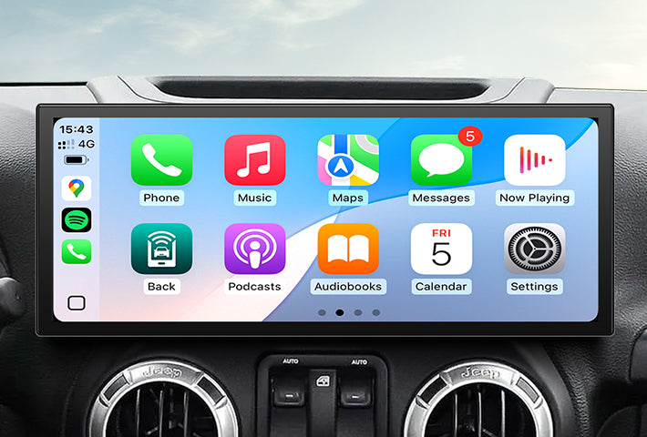 In-car view showing the wireless Apple CarPlay interface on a Toyota Sienna head unit touchscreen, displaying apps like Phone, Messages, Maps, and Spotify for easy access while driving.