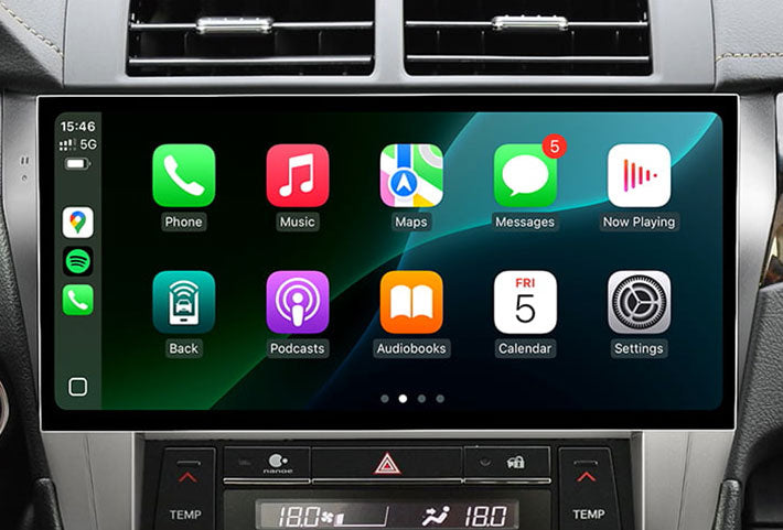 In-car view showing the wireless Apple CarPlay interface on a Toyota Sienna head unit touchscreen, displaying apps like Phone, Messages, Maps, and Spotify for easy access while driving.