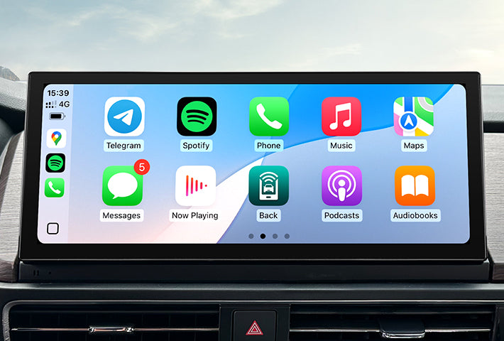 In-car view showing the wireless Apple CarPlay interface on a Toyota Sienna head unit touchscreen, displaying apps like Phone, Messages, Maps, and Spotify for easy access while driving.