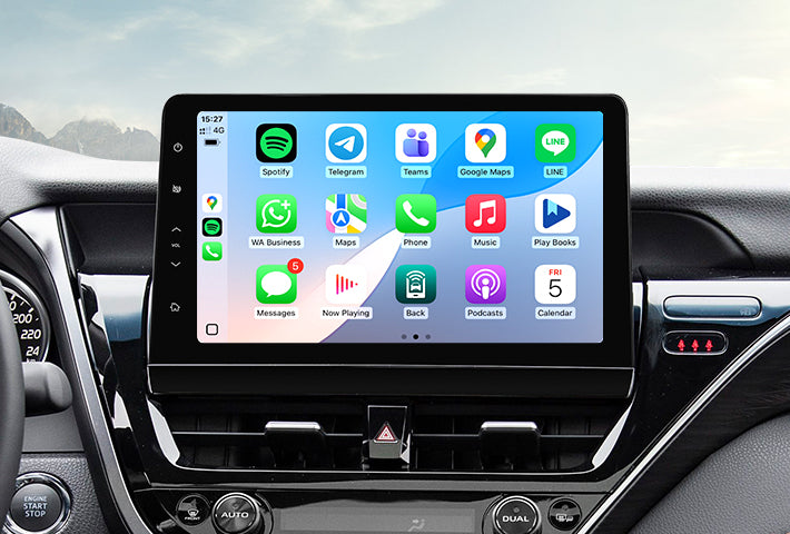 In-car view showing the wireless Apple CarPlay interface on a Toyota Sienna head unit touchscreen, displaying apps like Phone, Messages, Maps, and Spotify for easy access while driving.