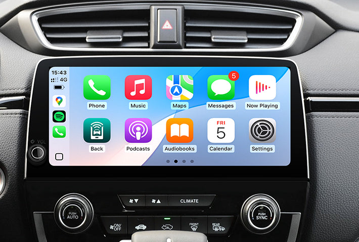 In-car view showing the wireless Apple CarPlay interface on a Toyota Sienna head unit touchscreen, displaying apps like Phone, Messages, Maps, and Spotify for easy access while driving.